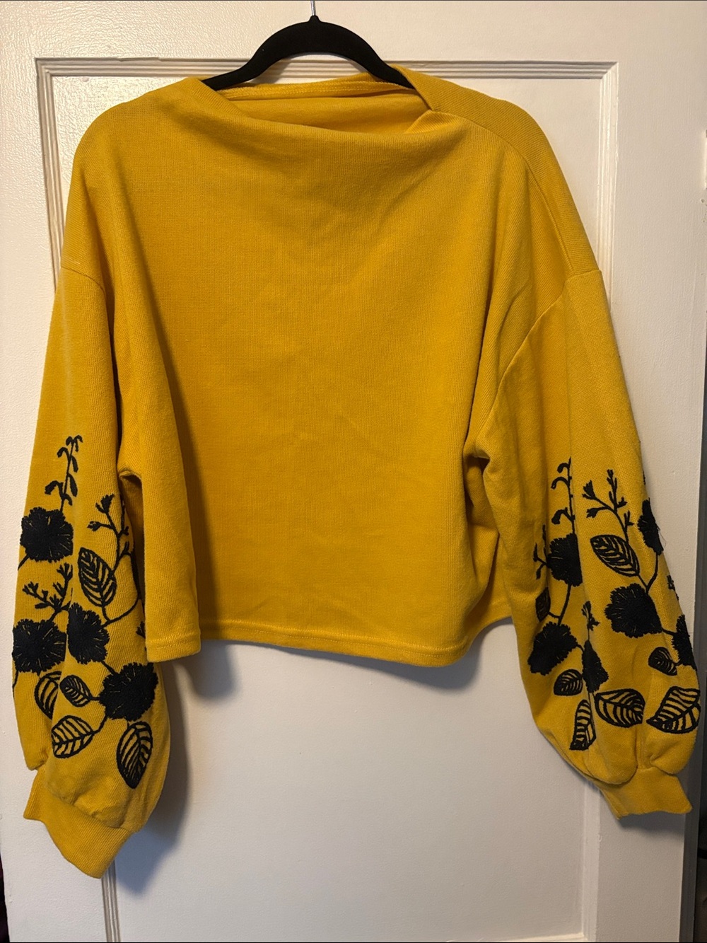SHEIN Mustard Yellow Sweatshirt with Black Floral Sleeve Embroidery